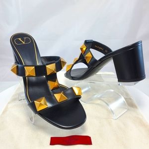 NWT$990 Valentino Garavani Roman Rockstud Black Caged Sandal Slip-on Mules Sz 38